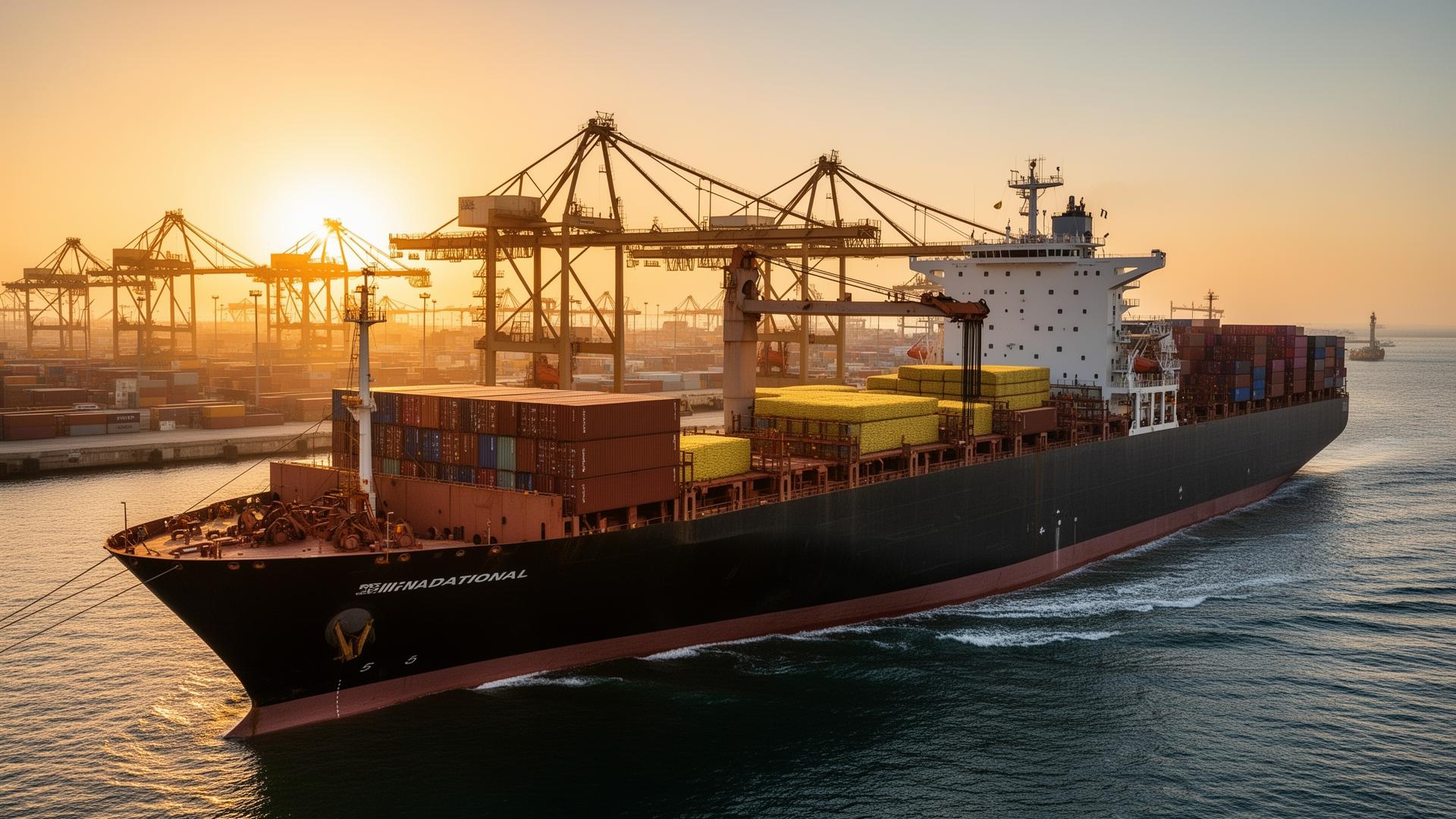 Container ship with agricultural cargo at port